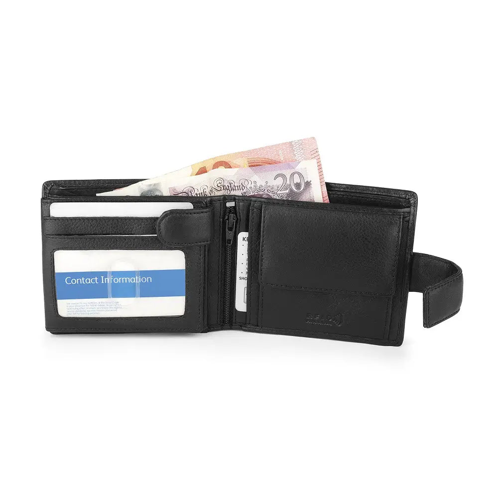Organised view of Black wallet with money and card holder on a white background