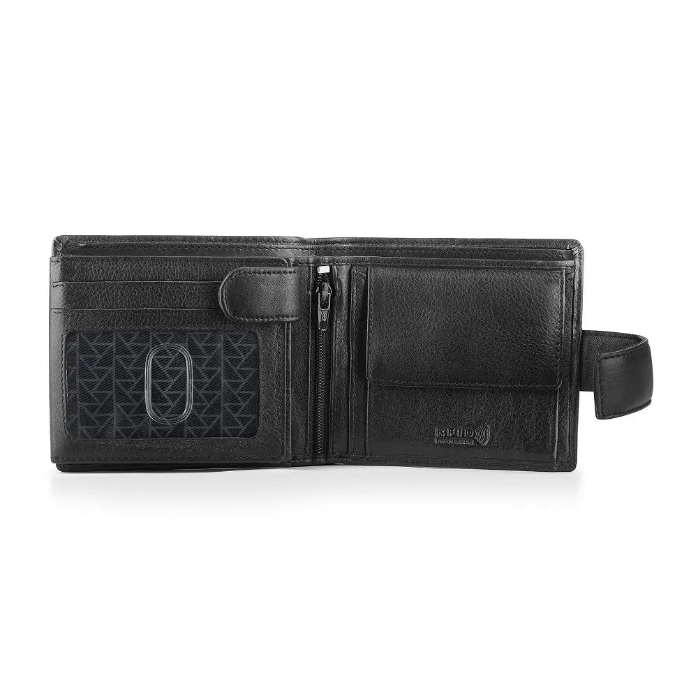 Open view of Black leather wallet with zipper on a white background