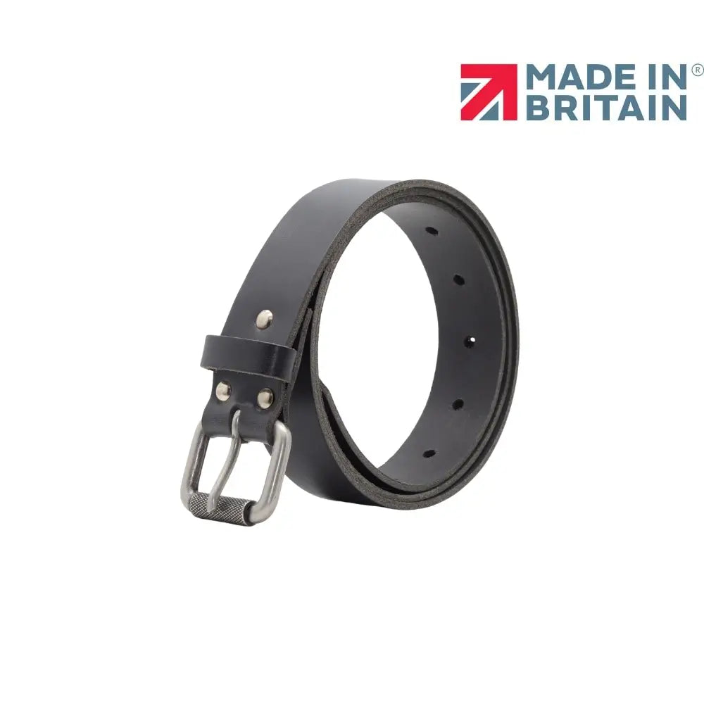 Black leather belt with silver roller buckle on a white background, featuring 'Made in Britain' logo.