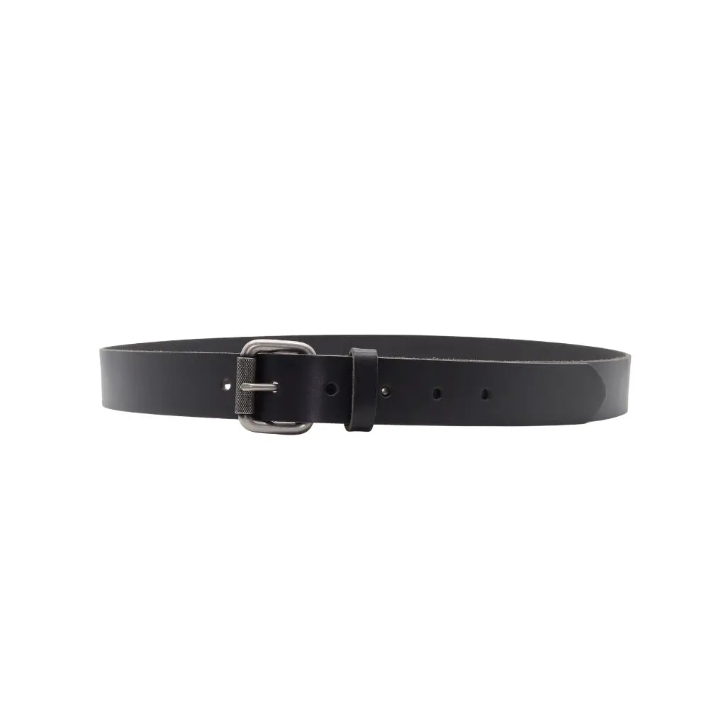Full width view of Black Silver Roller Buckle Leather Belt on a white background