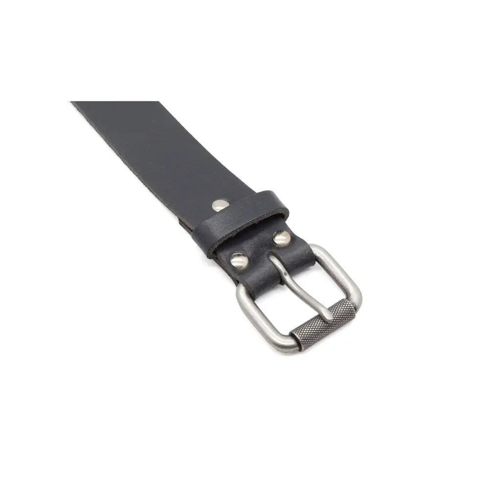 Top angle view of Black leather belt with silver roller buckle on a white background