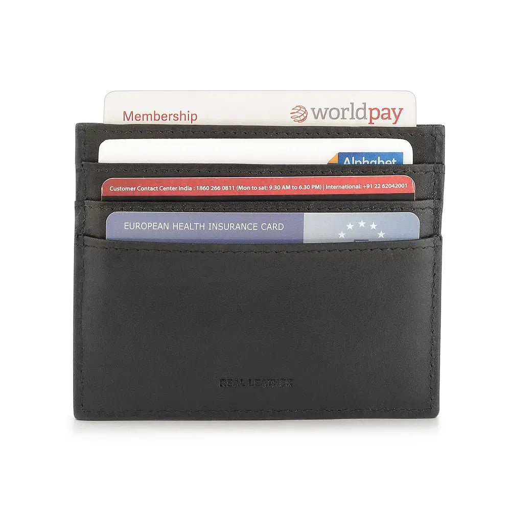 Black card holder with multiple cards including a Worldpay card on a white background