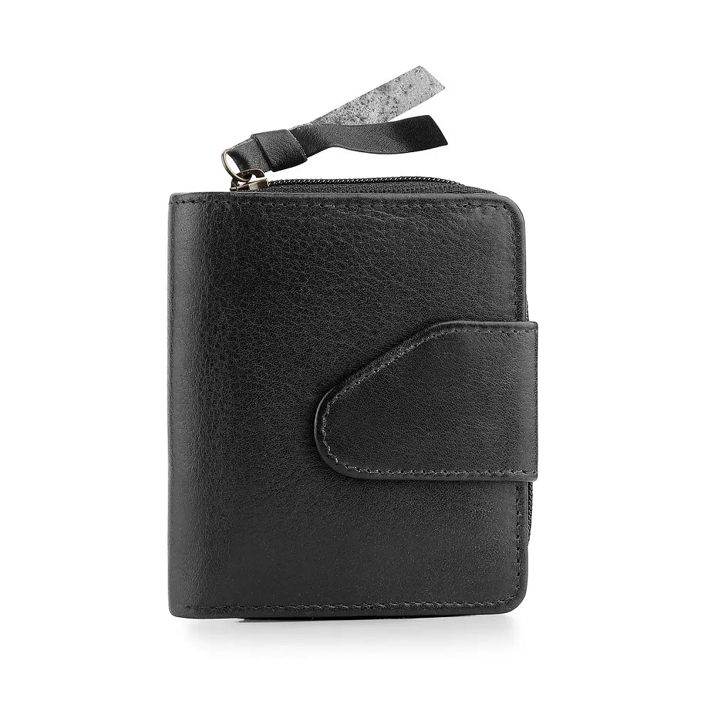 Black leather wallet with a zipper on a white background