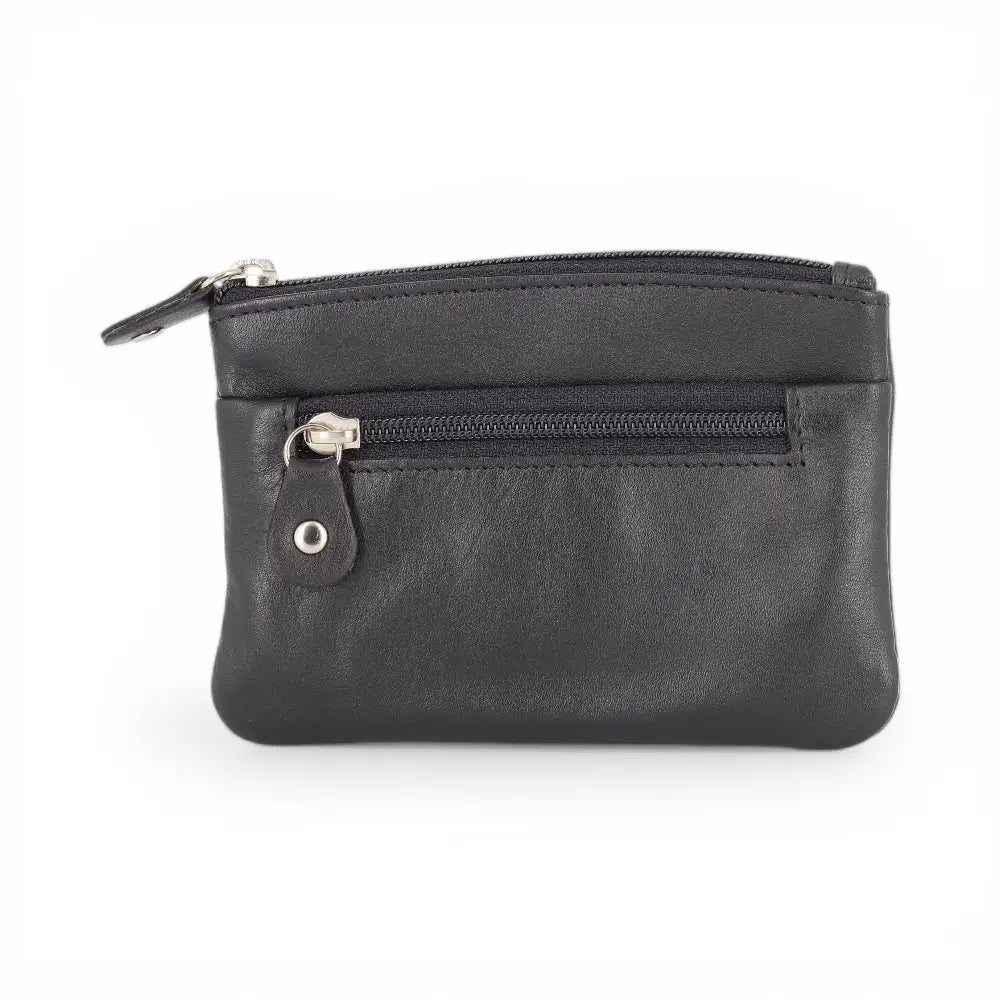 Black leather pouch with a zipper on a white background