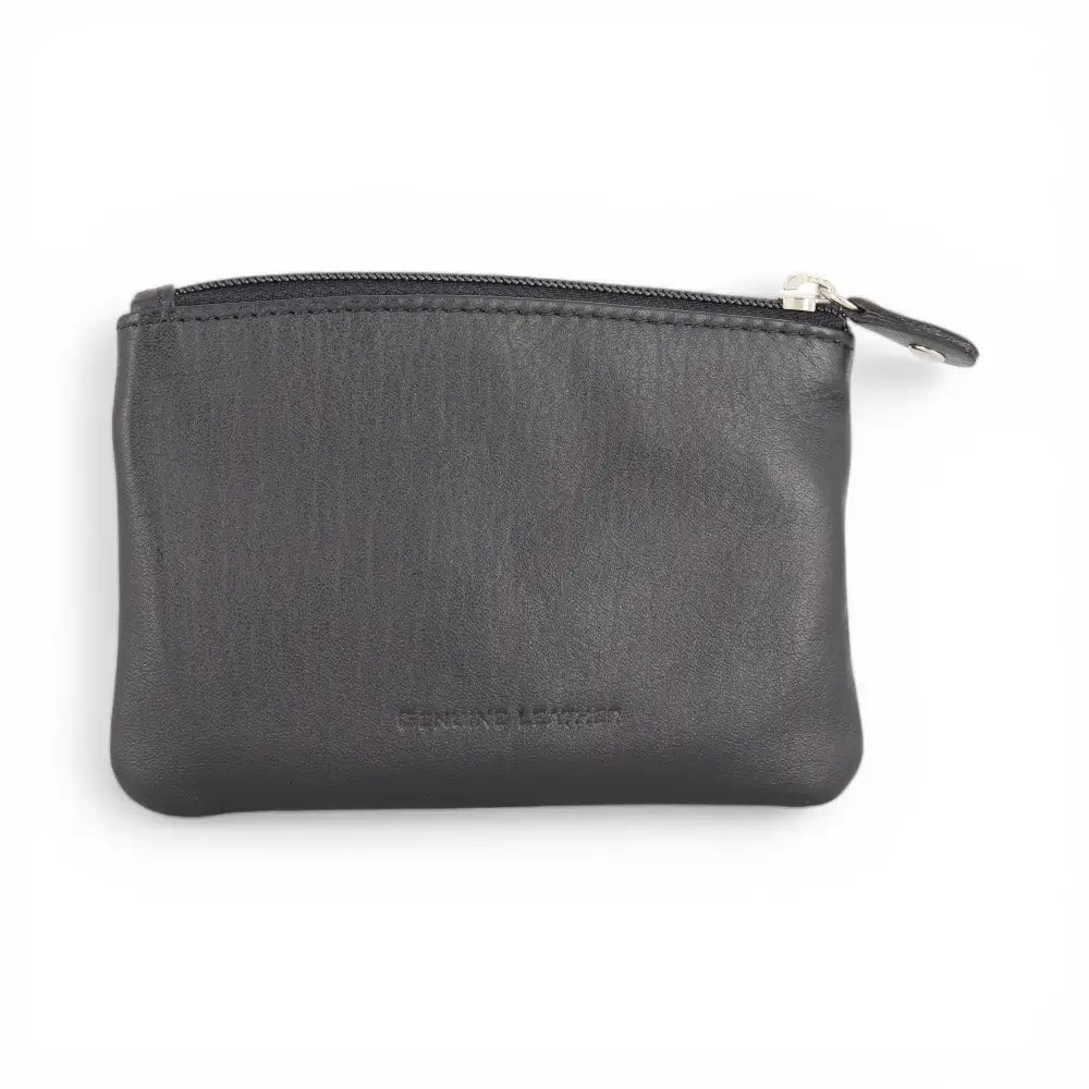 Black leather pouch with a zipper on a white background