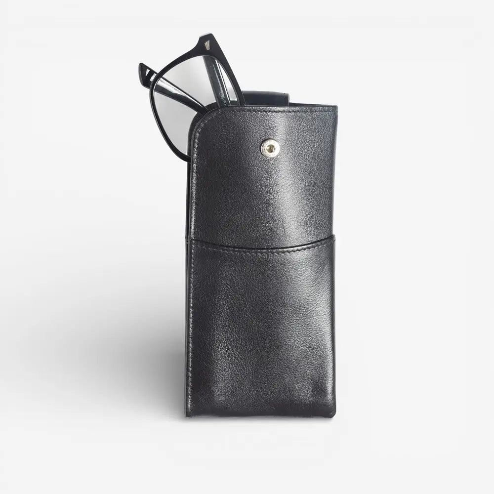 Black leather glasses pouches on a white background
