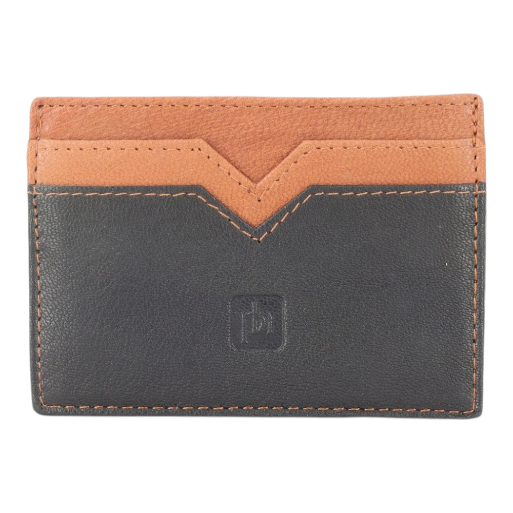 Front view of Two-tone leather wallet with cognac top section and black bottom section on a white background