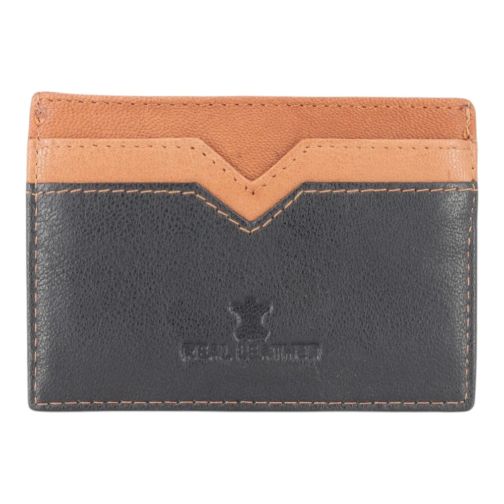 Two-tone leather cardholder with cognac top section and black bottom section on a white background