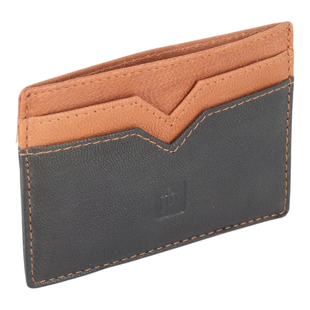 Side angle view of Two-tone leather wallet with cognac top section and black bottom section on a white background