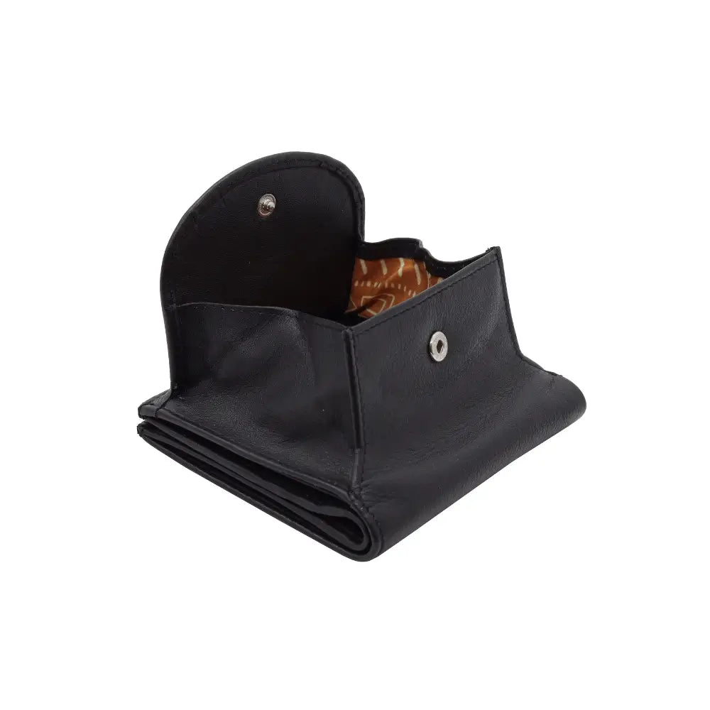 Black leather wallet with a flap open on a white background