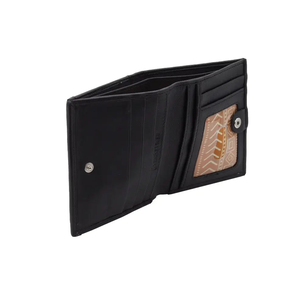 Black leather wallet with a card holder on a white background
