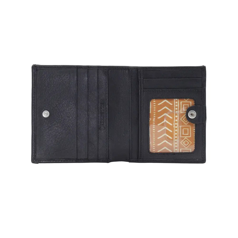 Black leather wallet with a patterned card holder on a white background