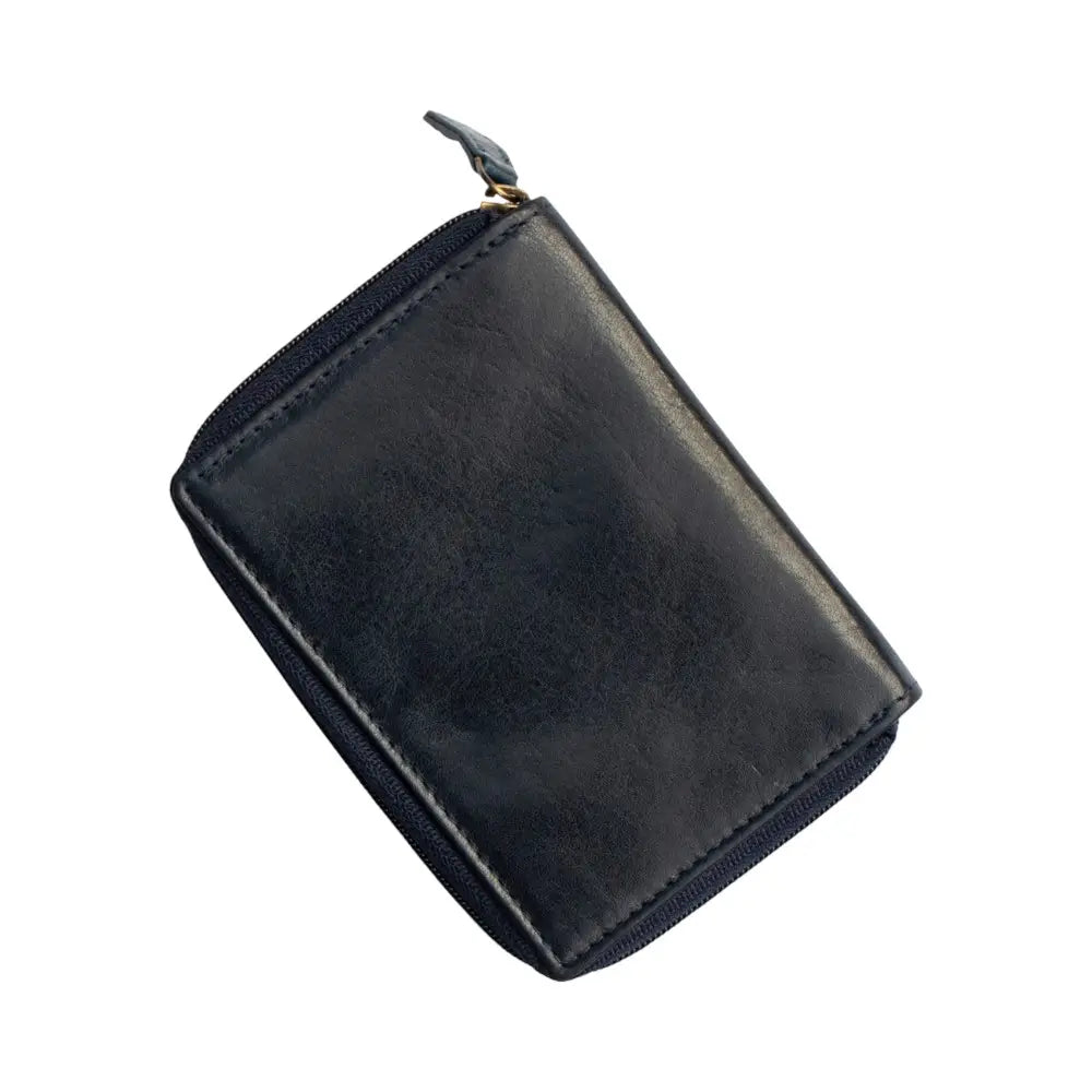 Black leather wallet with a zipper on a white background