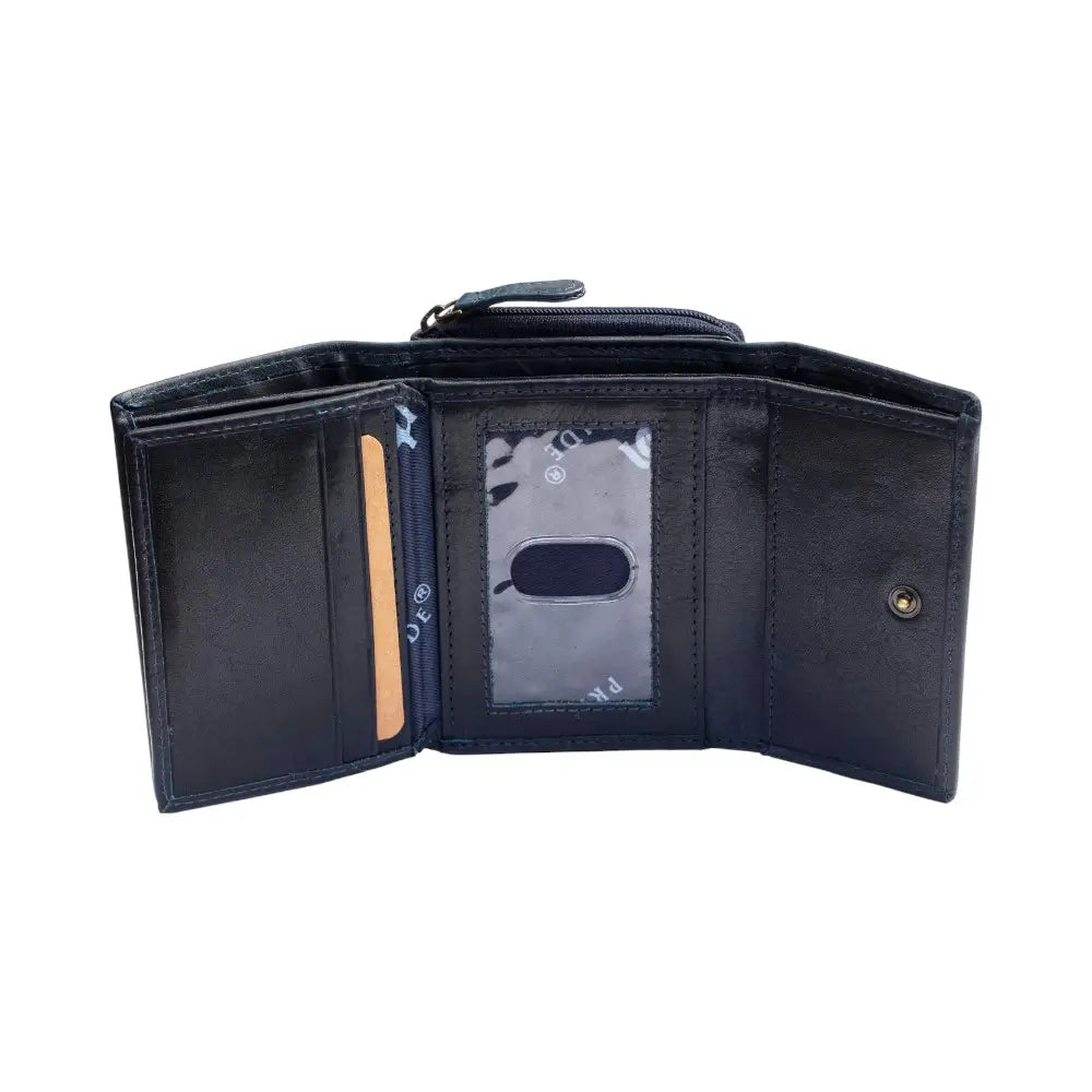 Black leather wallet open on a white background