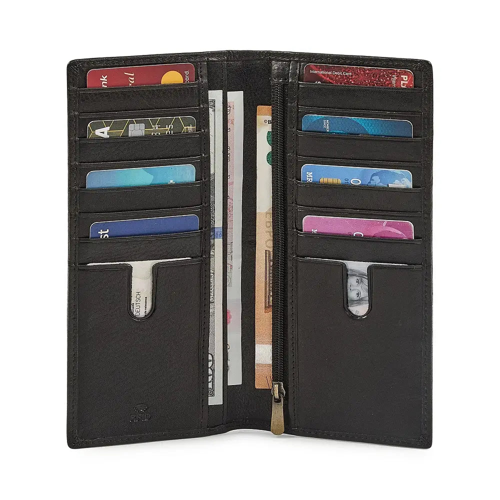 Black wallet with multiple card slots and a bill compartment on a white background