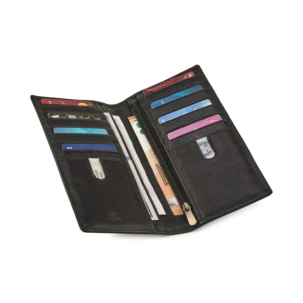 Open black wallet with various cards and a pen on a white background