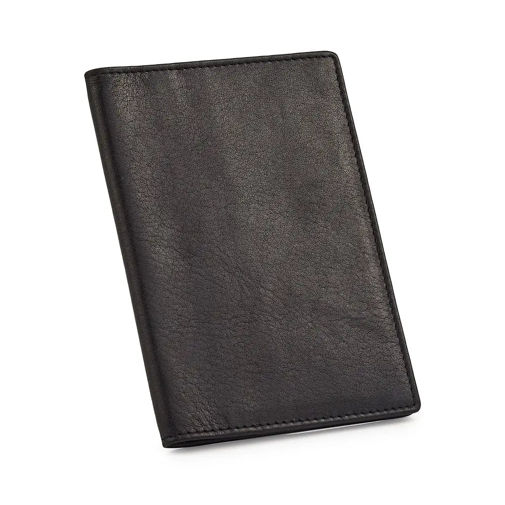 Black leather passport holder on a white background