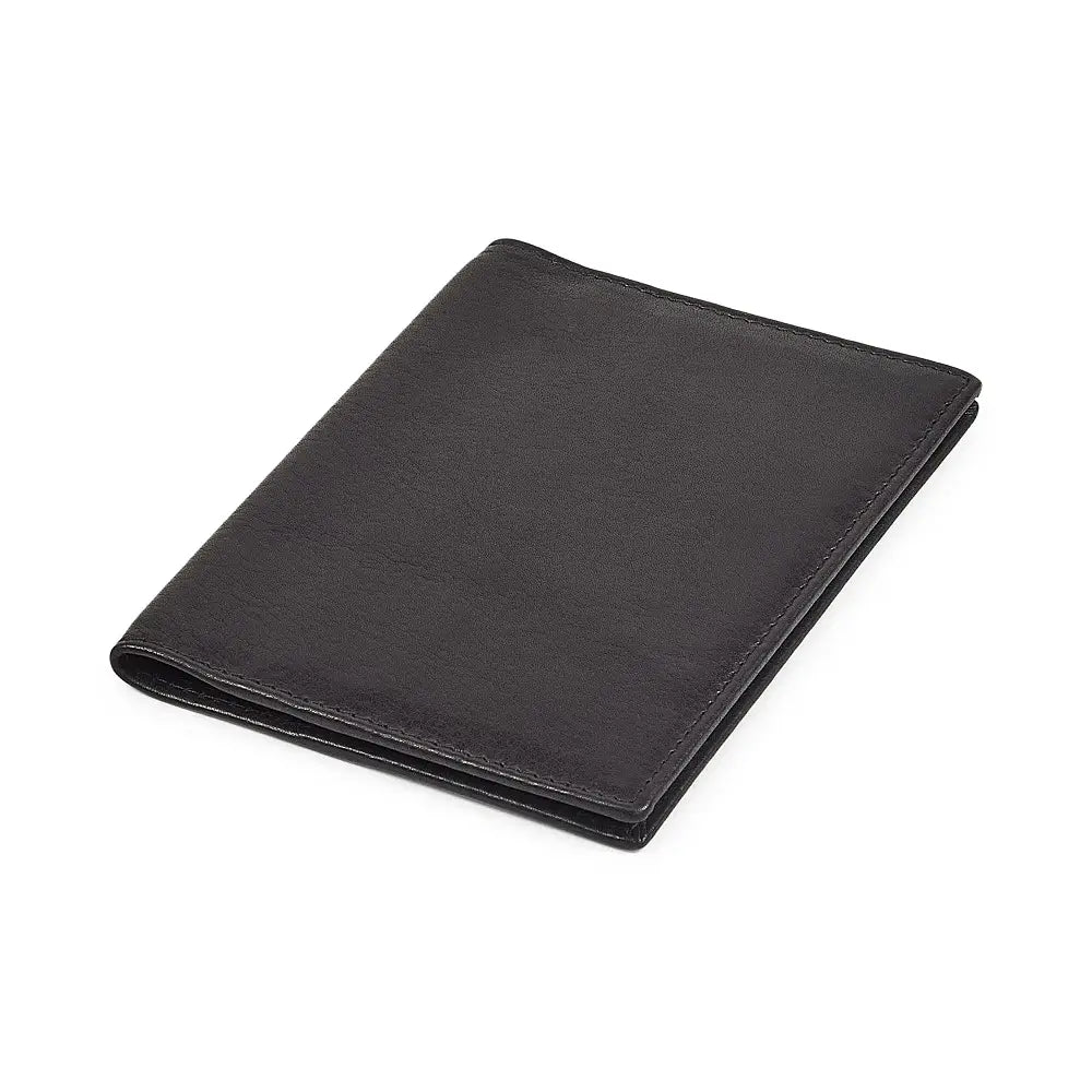 Top view of Black leather passport holder on a white background