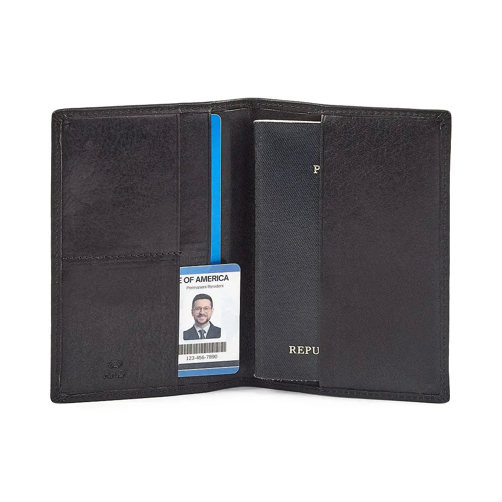 Black leather passport holder with a card holder on a white background