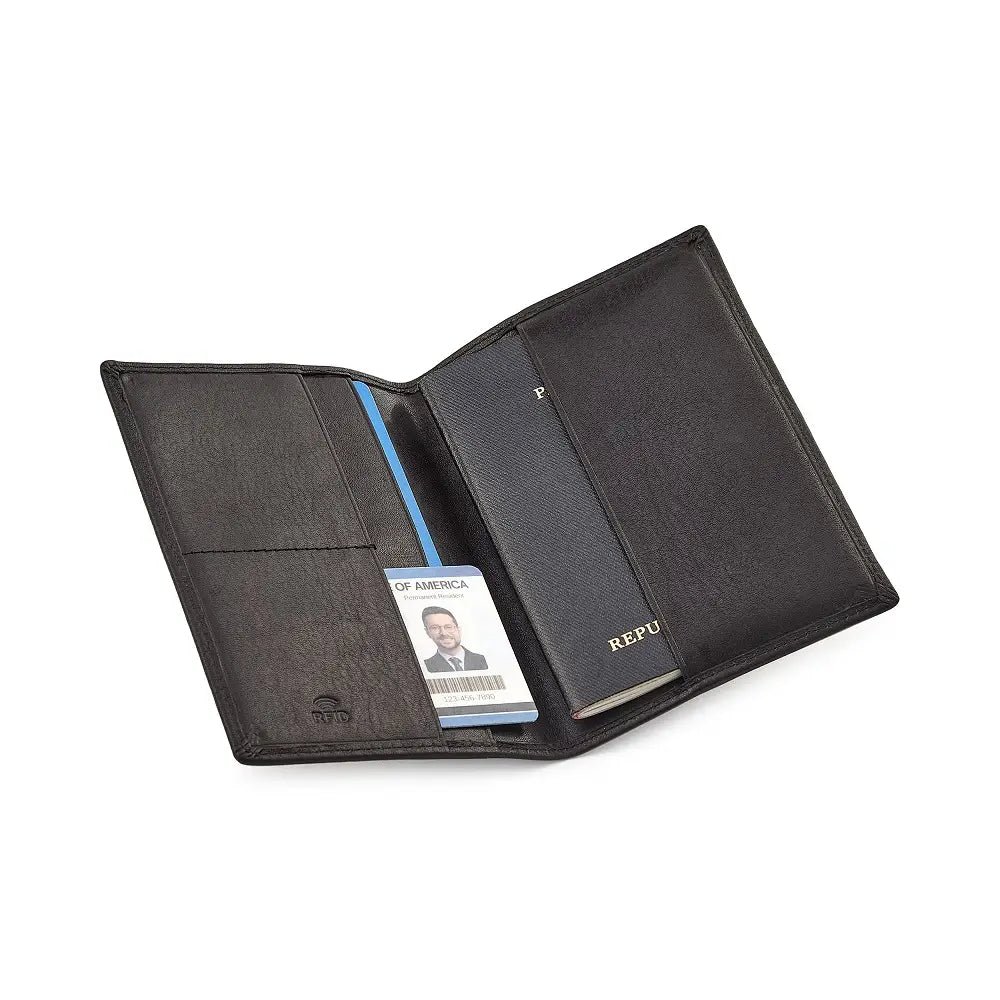 Black leather passport holder with a card holder on a white background
