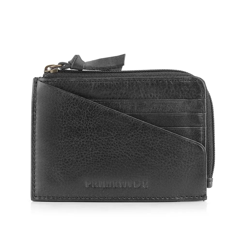 Front view of Black leather wallet with a zipper on a white background