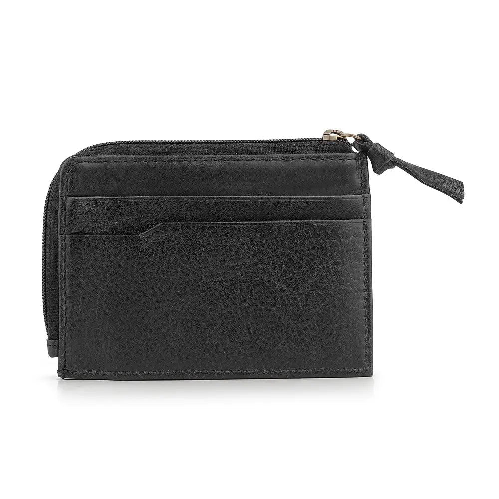 Front view of Black leather wallet with a zipper on a white background