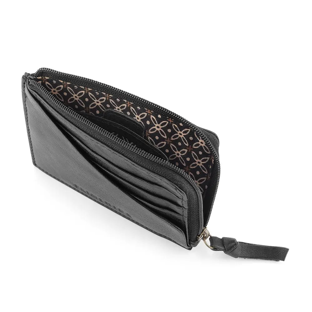 Black wallet with decorative pattern on a white background