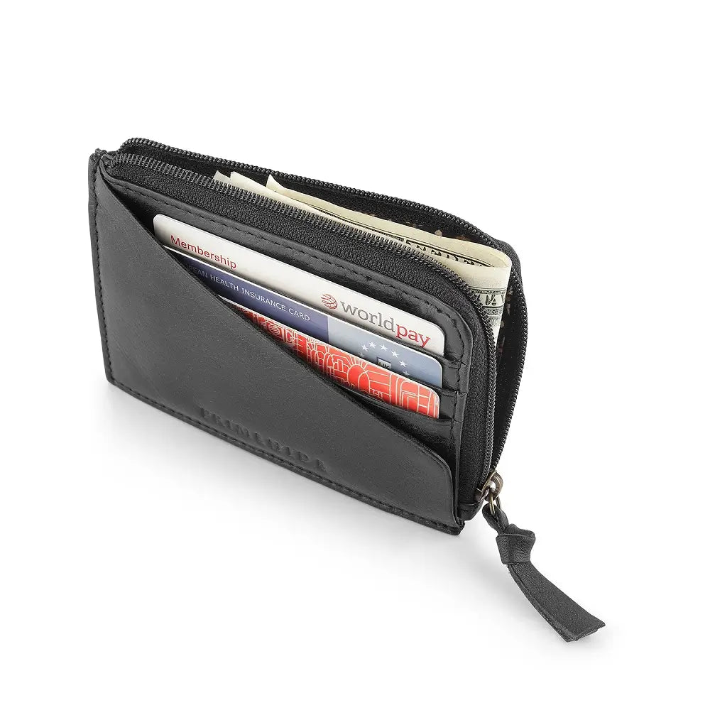 Black wallet with cards inside on a white background