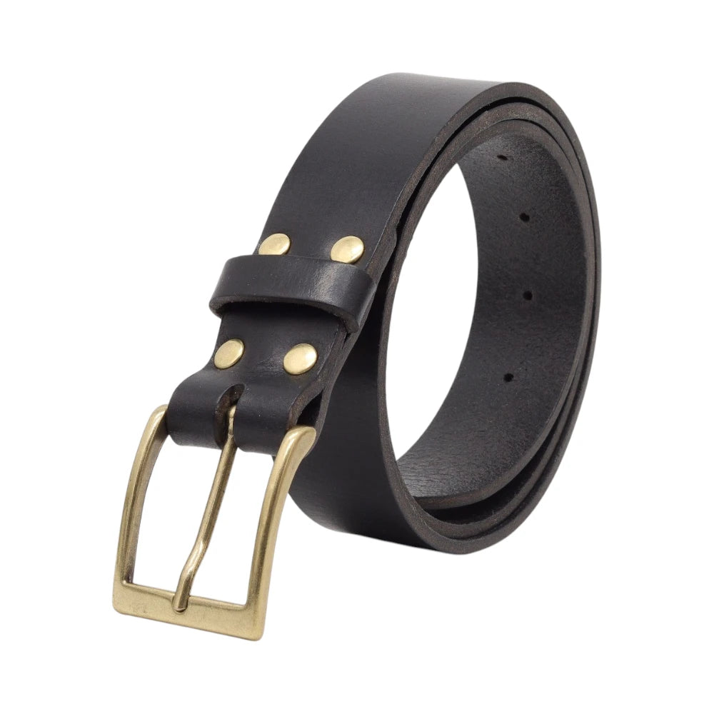 Black leather belt with gold buckle on a white background, featuring 'Made in Britain' logo.