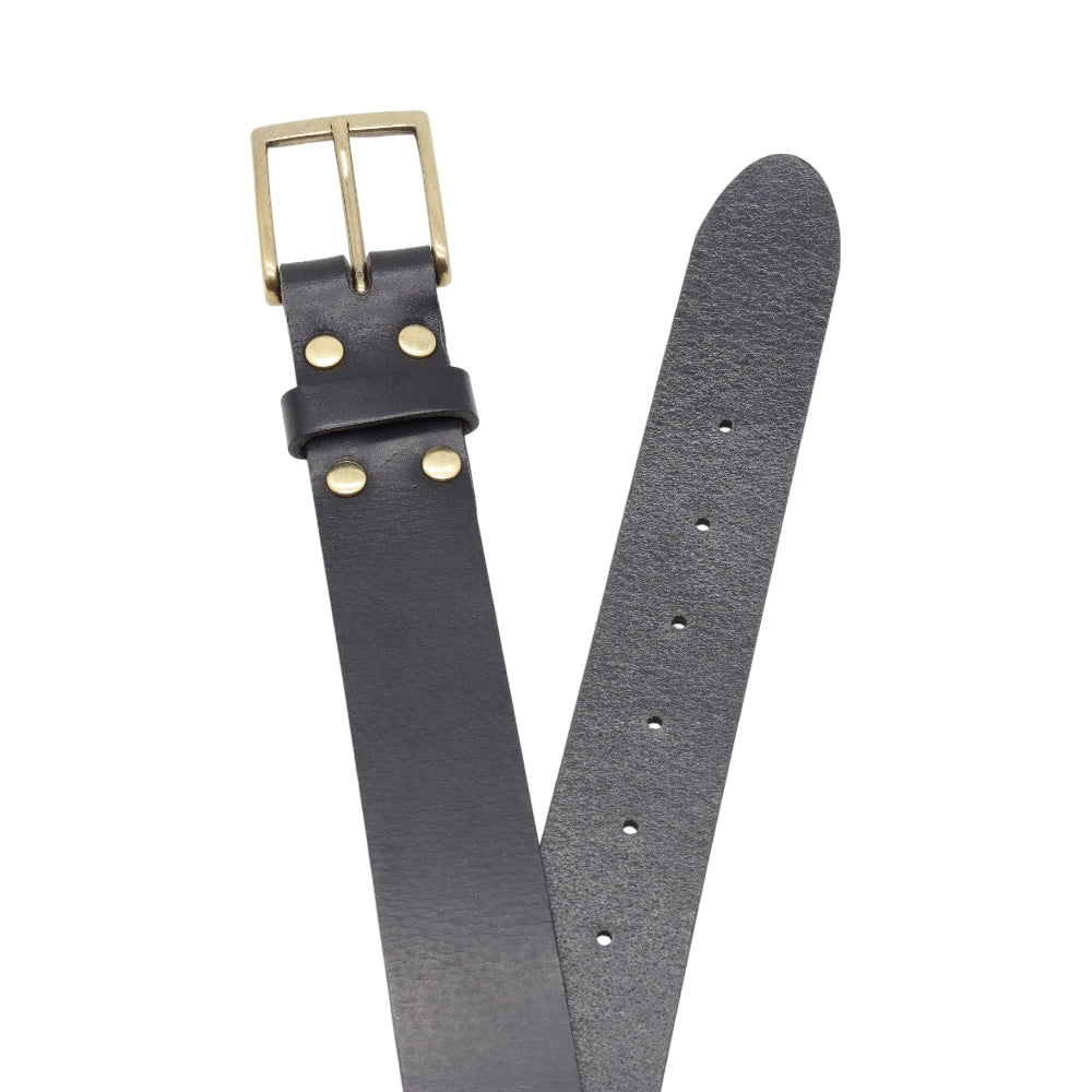 Top angle view of Black leather belt with gold buckle on a white background