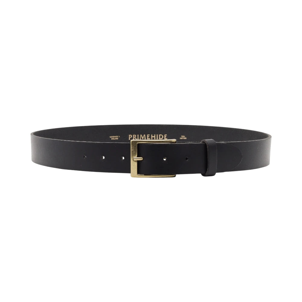 Black leather belt with gold buckle on a white background
