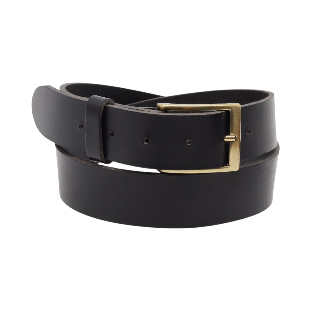 Black leather belt with a gold buckle on a white background