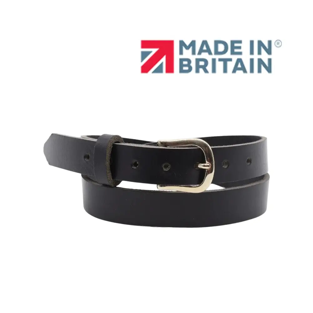 Black leather belt with a gold buckle on a white background, featuring 'Made in Britain' logo.