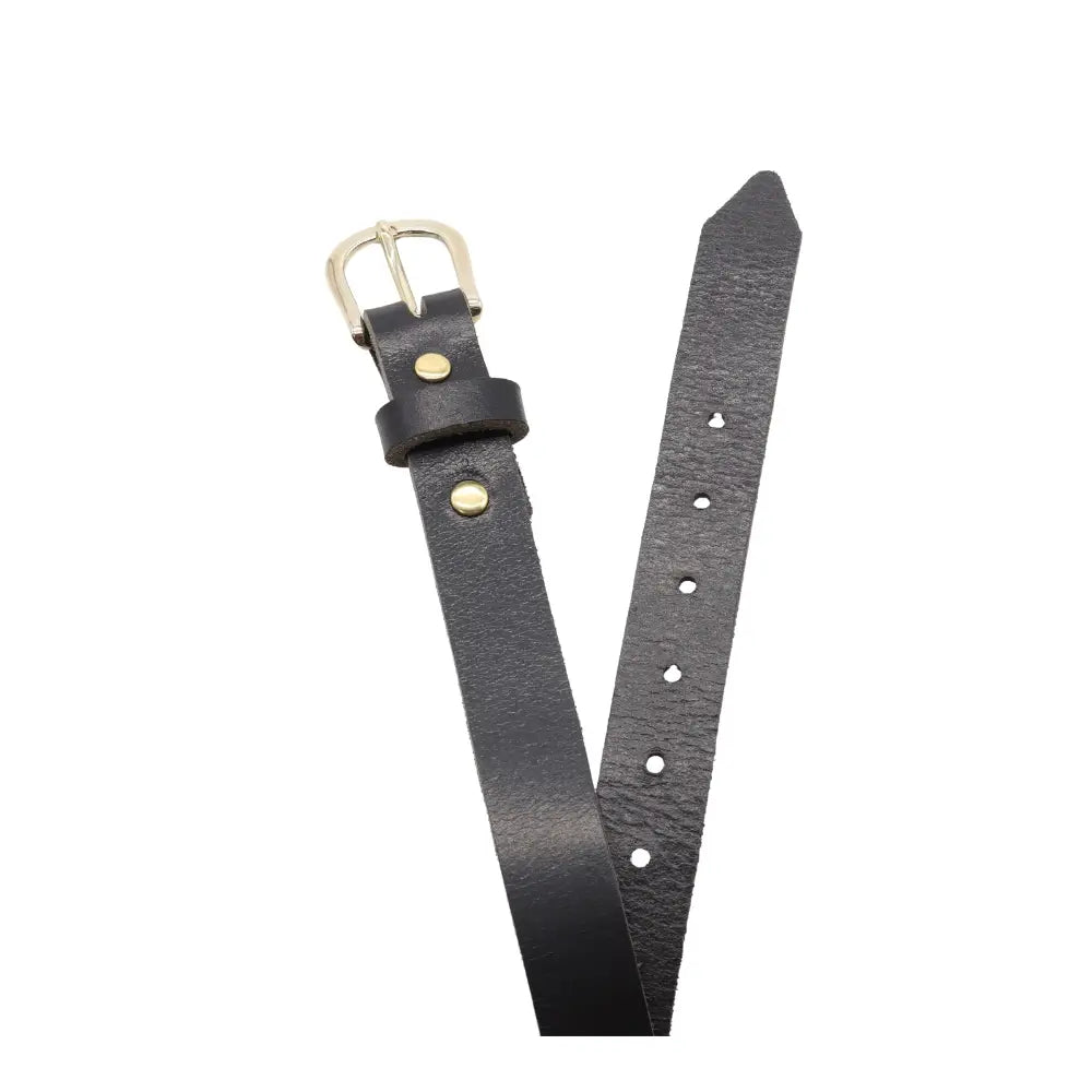 Top angle view of Black leather belt with brass buckle on a white background