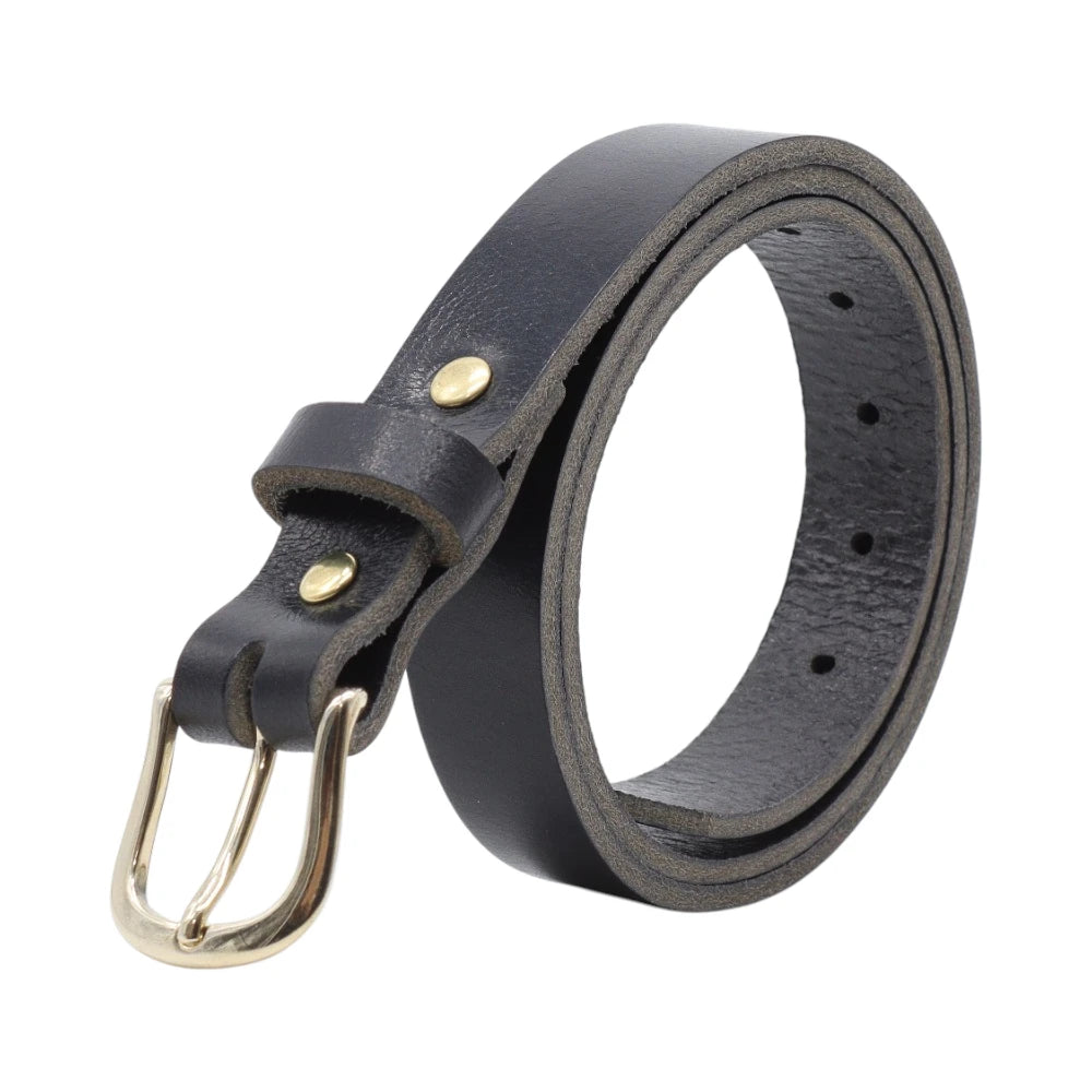 Black leather belt with brass buckle on a white background