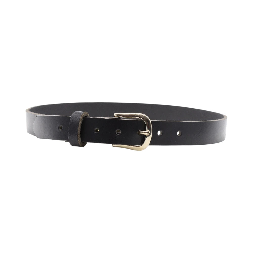 Full width view of Black leather belt with a gold buckle on a white background