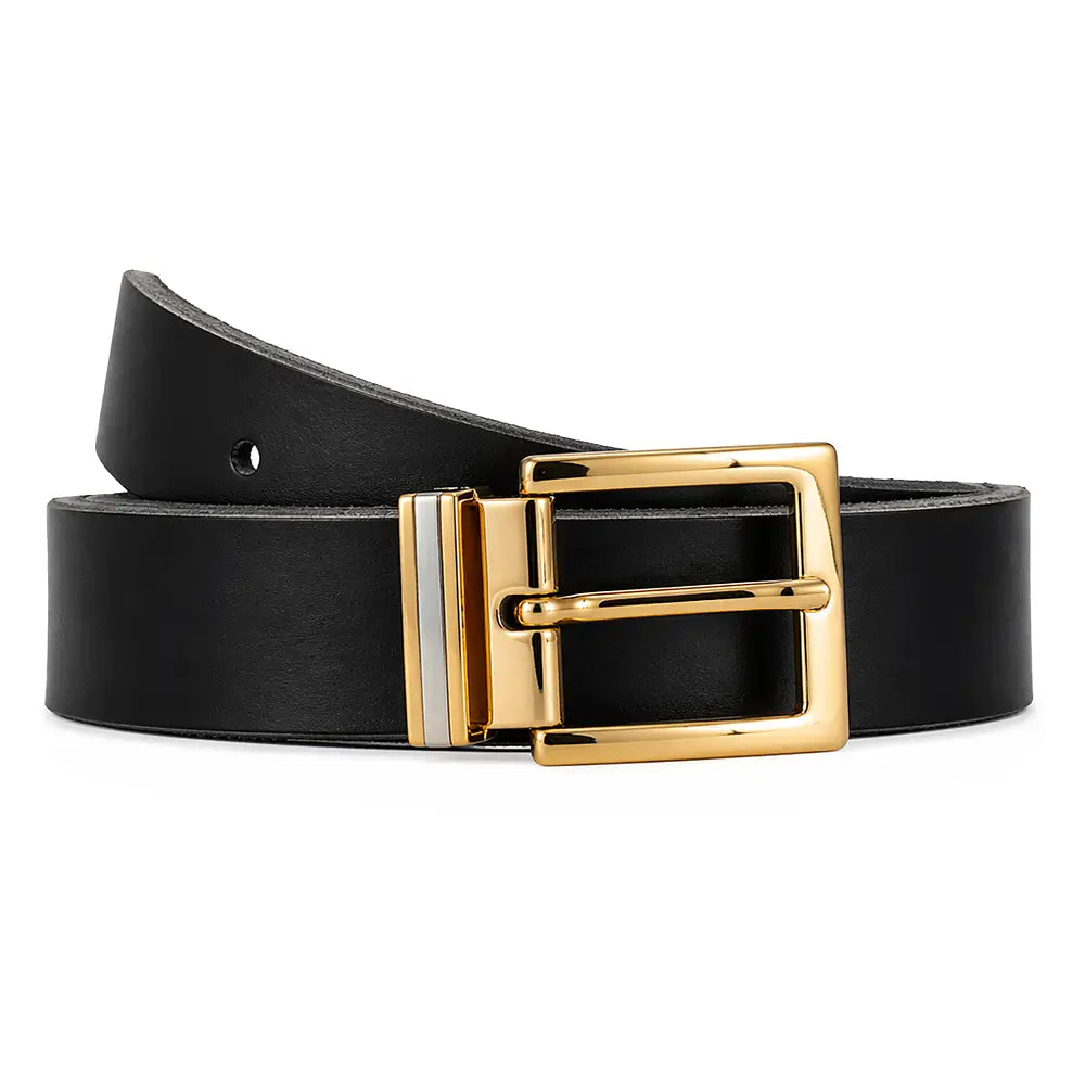 Front view of Black leather belt with a gold buckle on a white background