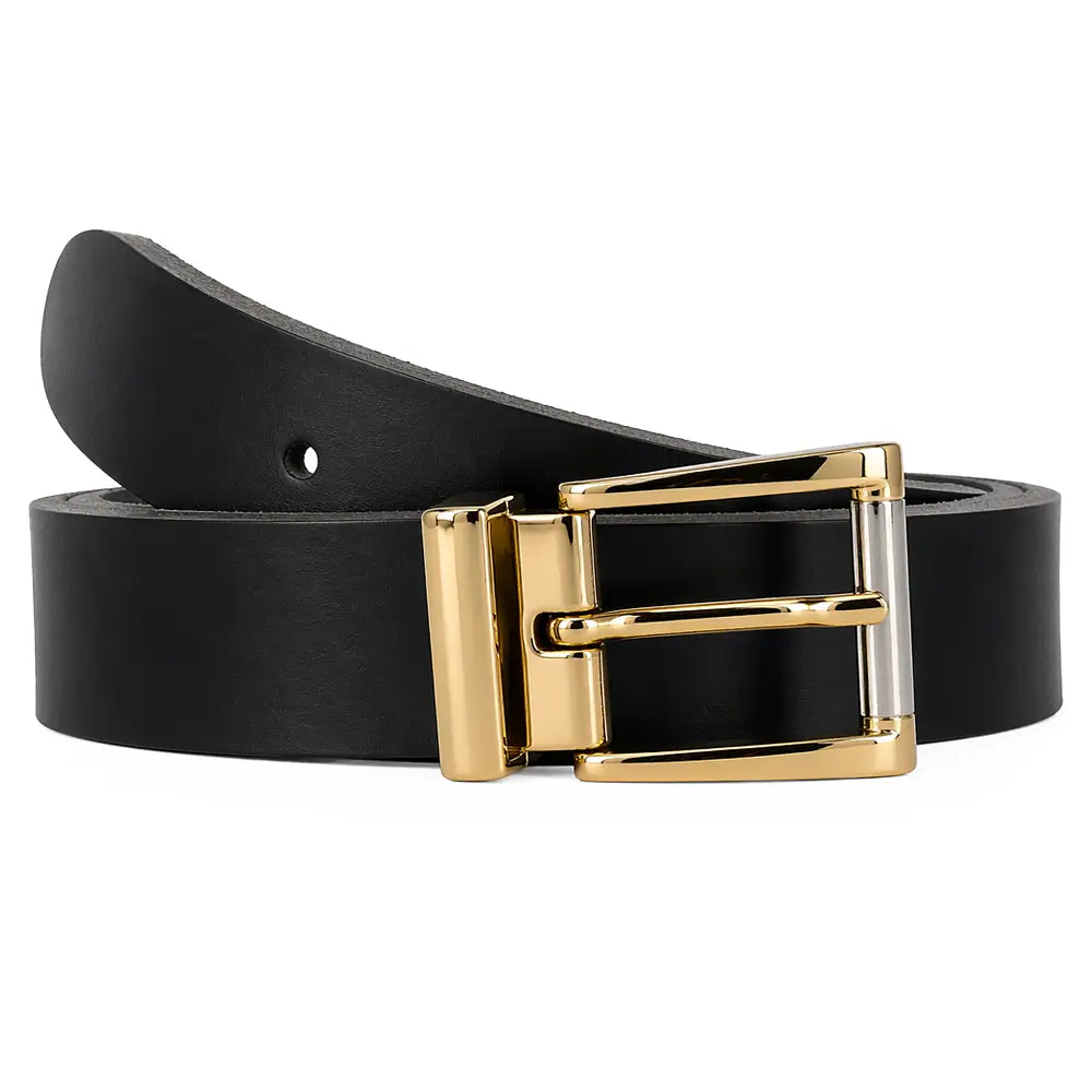 Front view of Black belt with a gold buckle on a white background