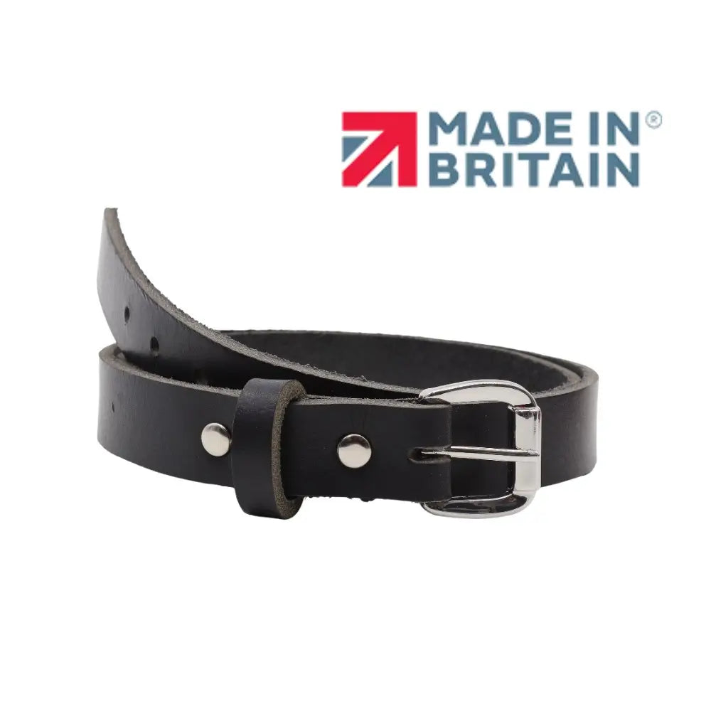 Black leather belt with silver buckle on a white background, featuring 'Made in Britain' logo.
