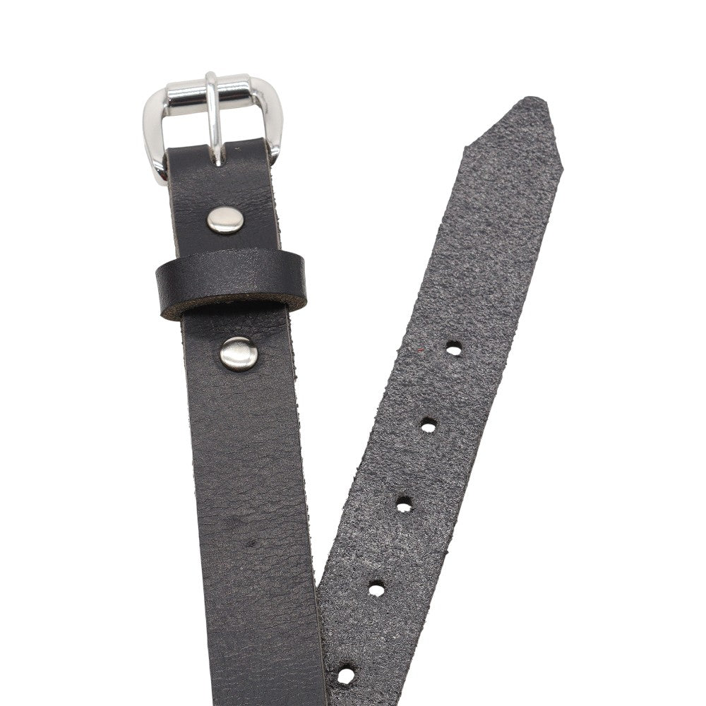 Top angle view of Black leather belt with silver buckle on a white background