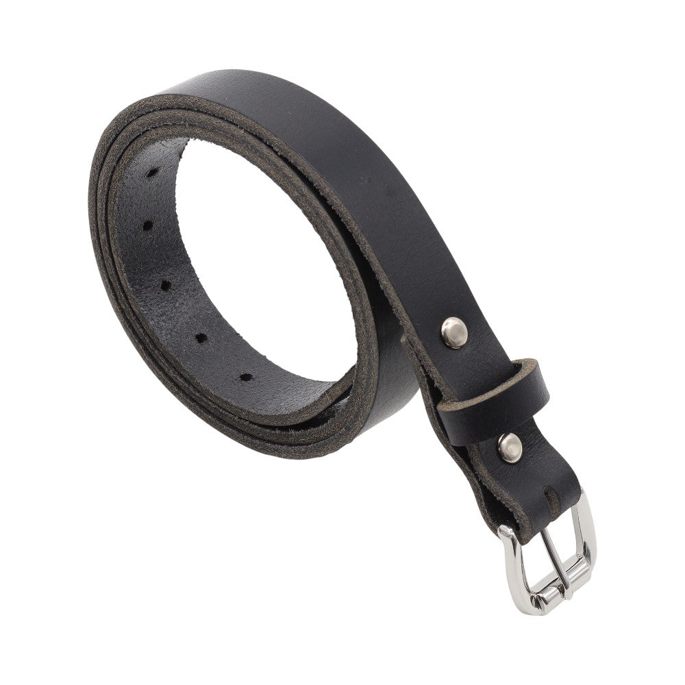 Black leather belt with silver buckle on a white background