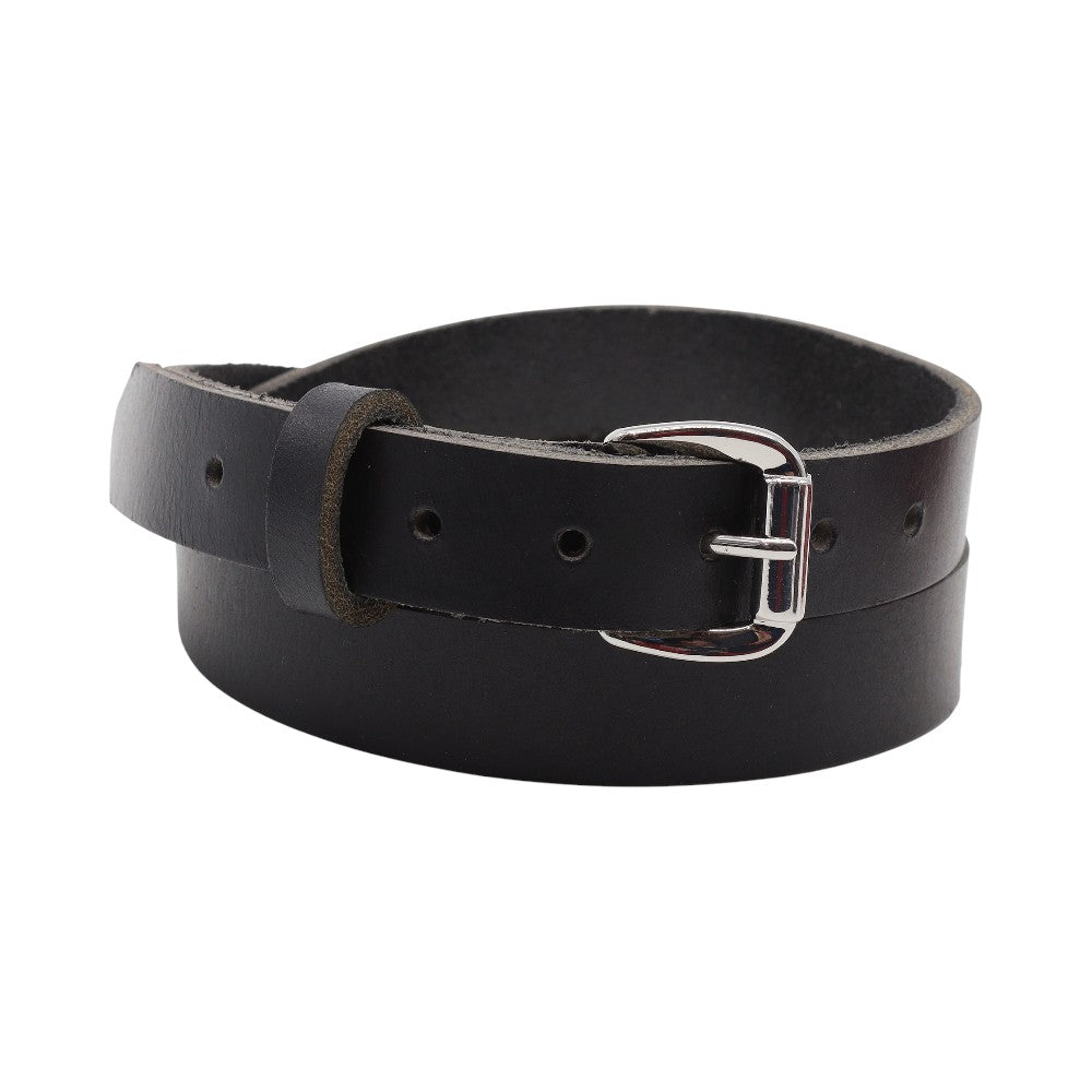 Black leather belt with a silver buckle on a white background