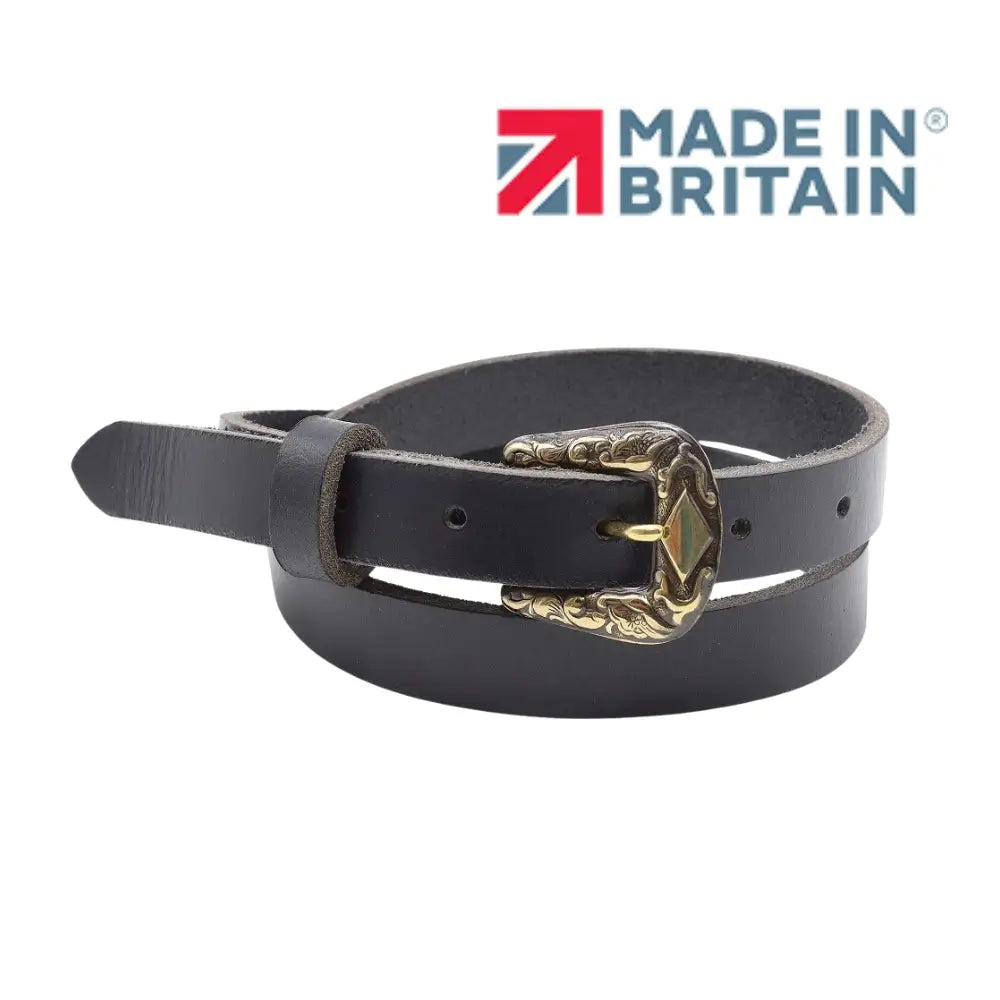 Black leather belt with a gold buckle on a white background, featuring 'Made in Britain' logo.