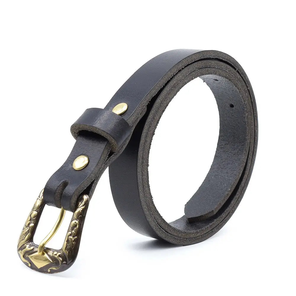 Black leather belt with a gold buckle on a white background, featuring 'Made in Britain' logo.