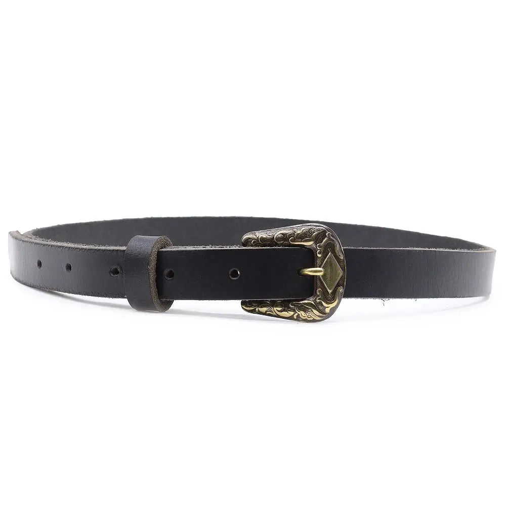 Full width view of Black leather belt with a gold buckle on a white background