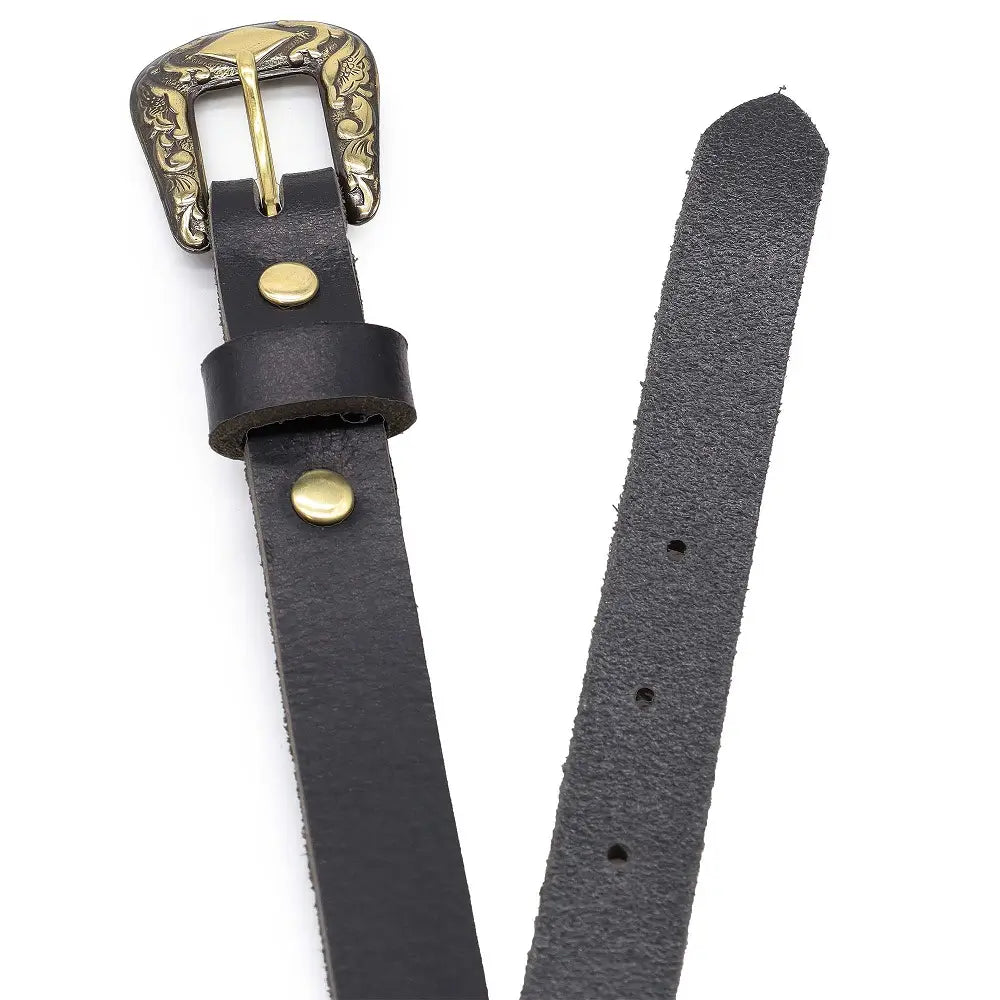 Top angle view of Black leather belt with gold buckle on a white background