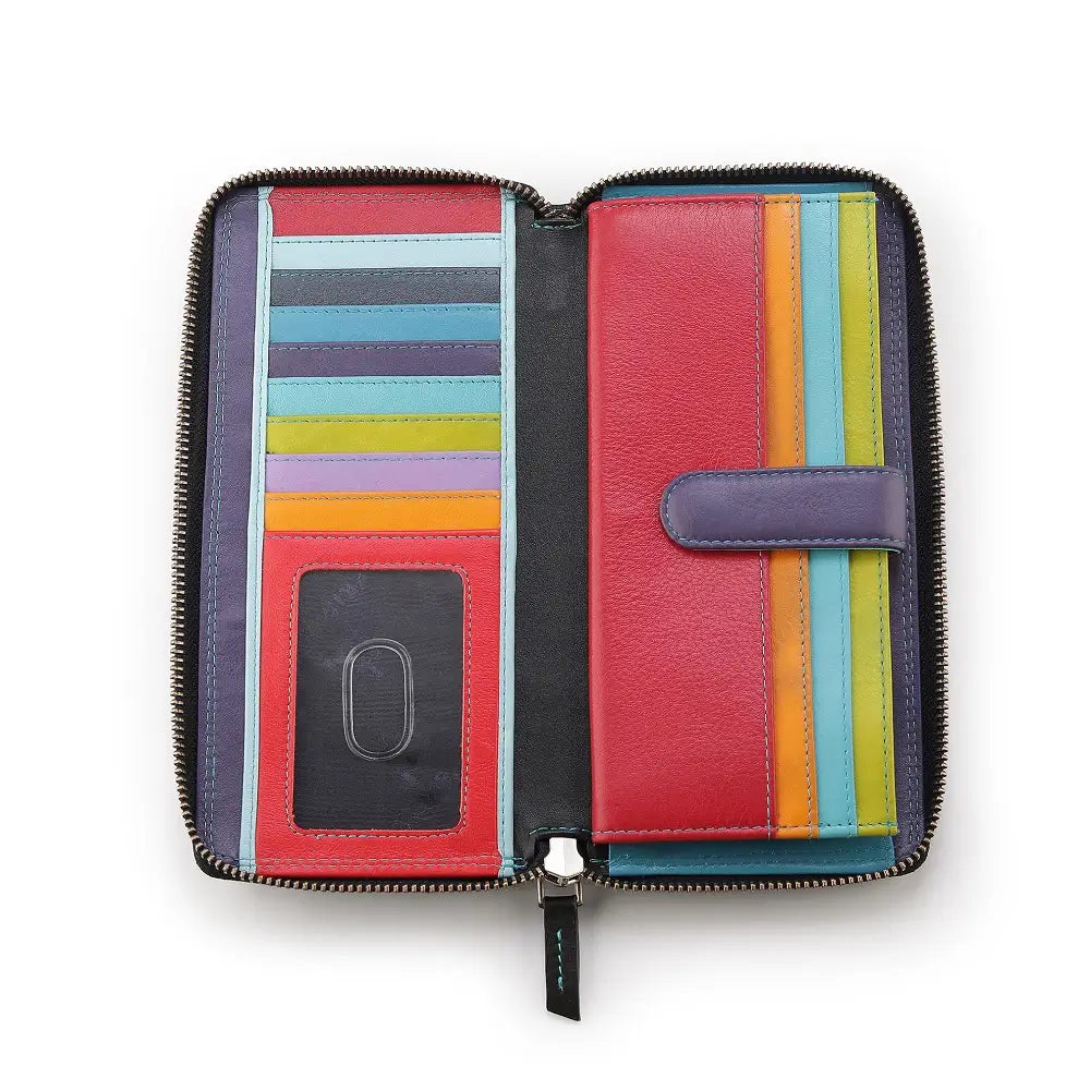 Open view of black purse with a black interior on a white background