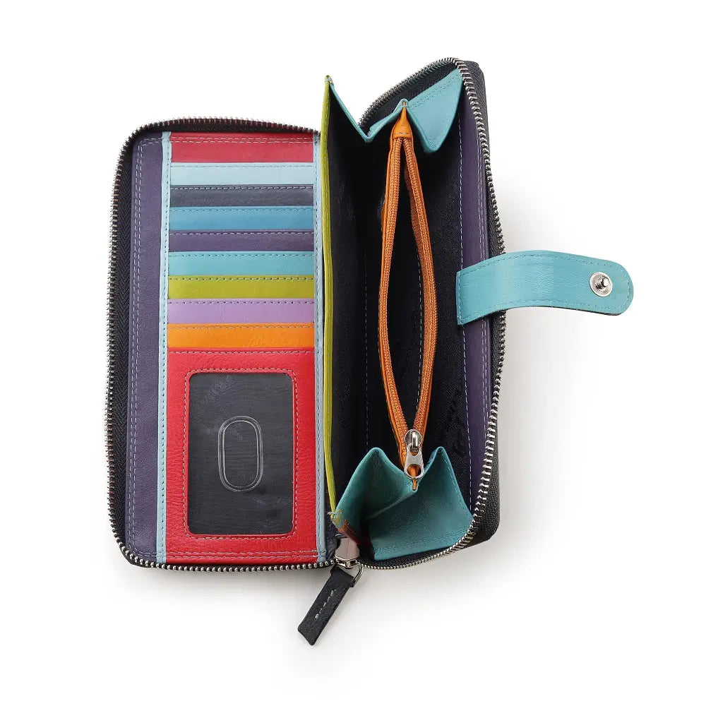 Inside view of black purse with a strap on a white background