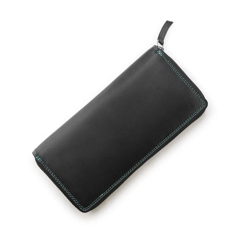 Black leather purse with green stitching on a white background