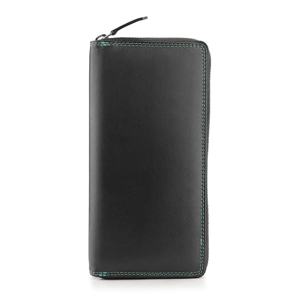 Black leather purse with green stitching on a white background